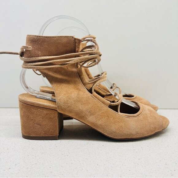 NWT Steve Madden Admire Sandals Sand Tan Leather Suede Lace Up Heel Sz 7.5B Flaw - Picture 1 of 16
